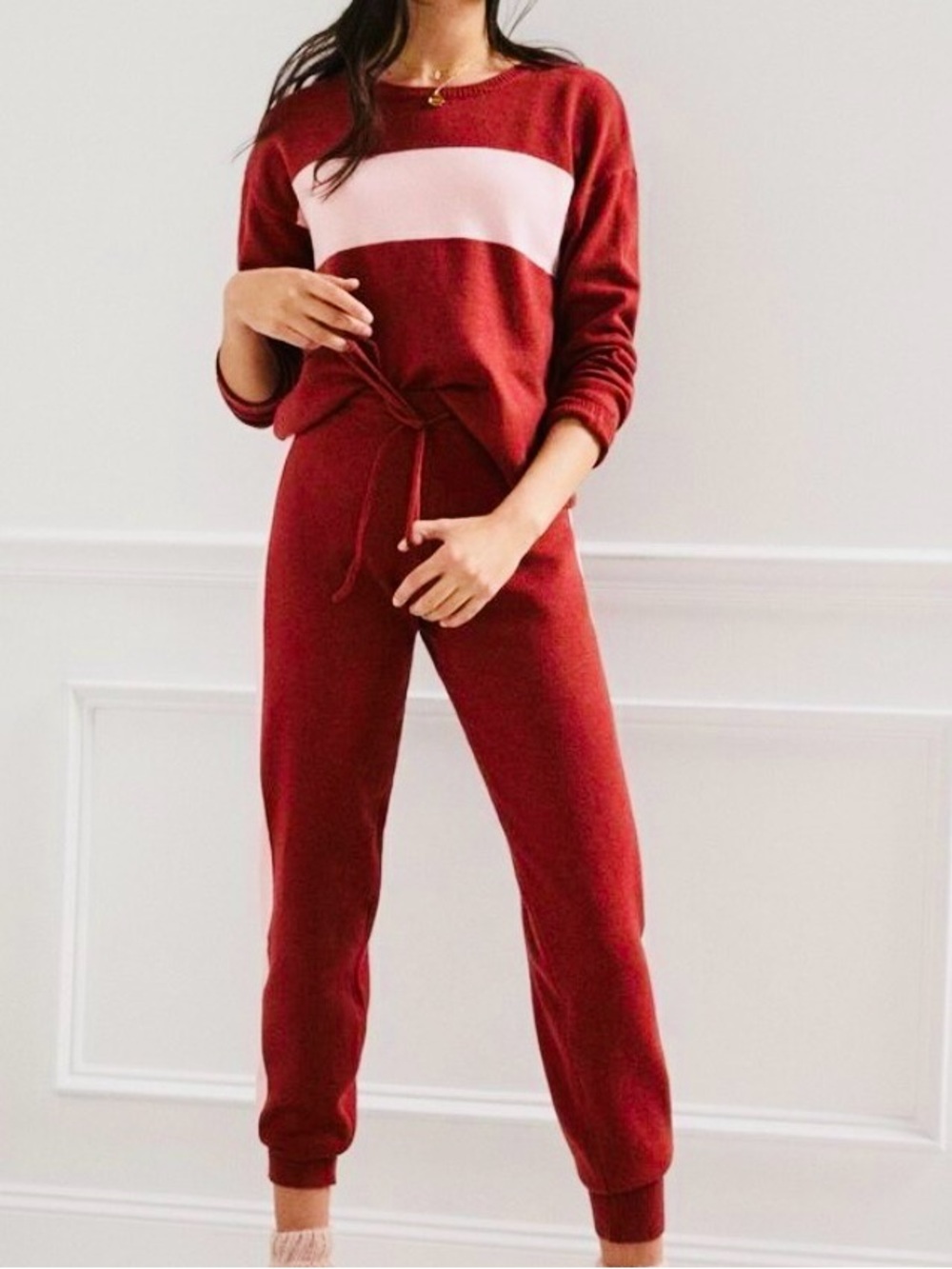 Anthropologie Red and Light Pink Colorblock Lounge Set Sweatshirt Joggers Small